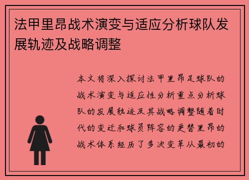 法甲里昂战术演变与适应分析球队发展轨迹及战略调整