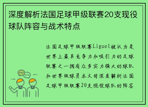 深度解析法国足球甲级联赛20支现役球队阵容与战术特点