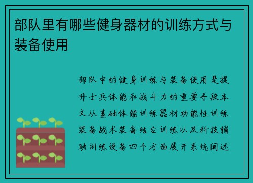 部队里有哪些健身器材的训练方式与装备使用