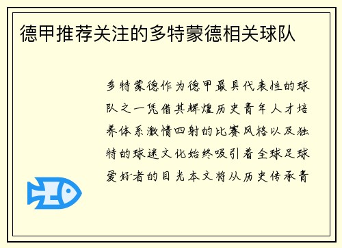 德甲推荐关注的多特蒙德相关球队